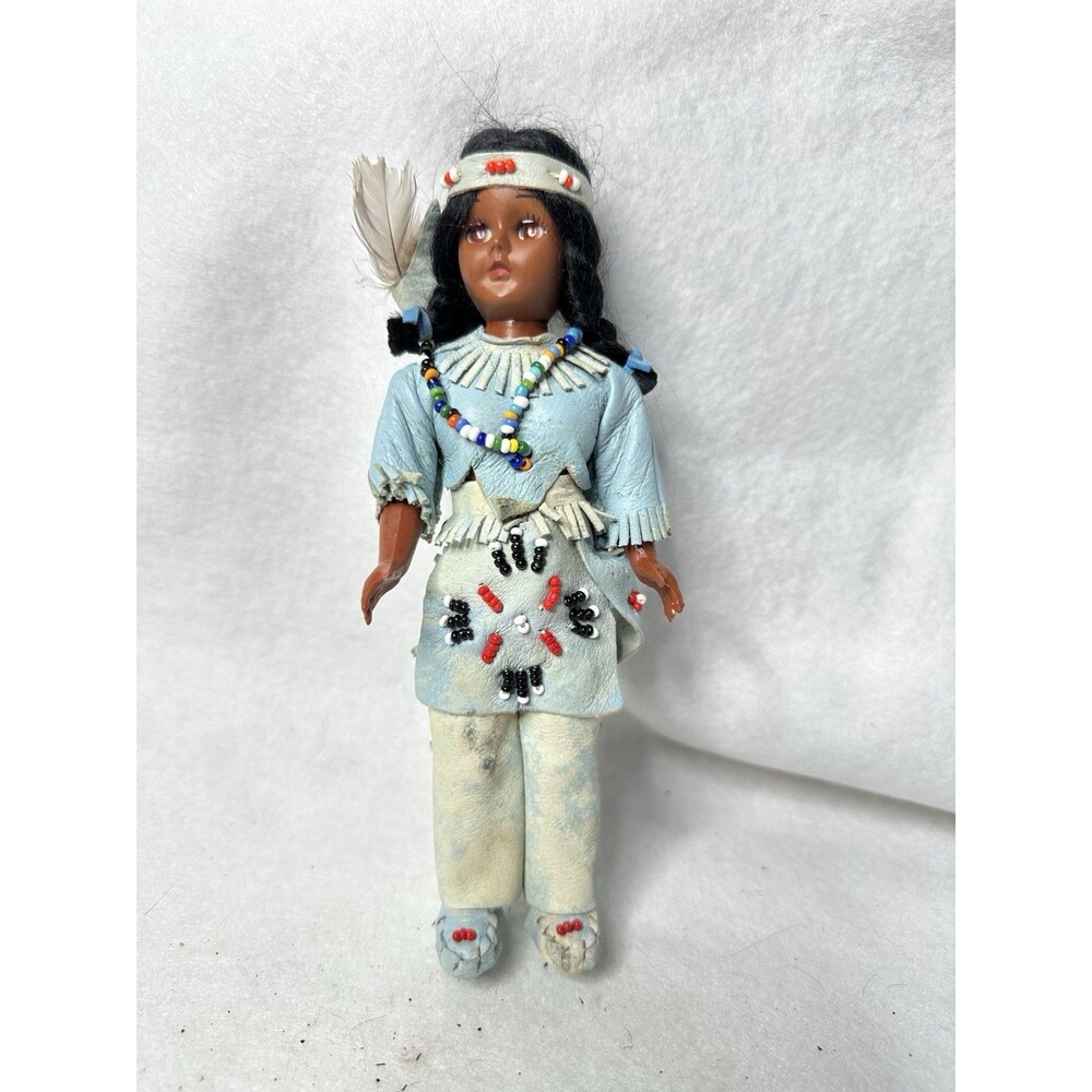 VTG Native American Indian Souvenir Doll 7.5" Faux Leather Beaded Sleeping Eyes
